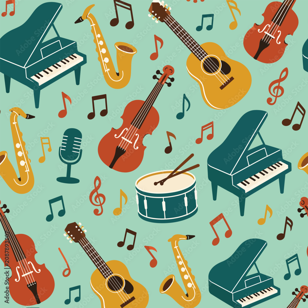 Fototapeta premium Seamless Pattern of Musical Instruments with Piano Guitar and Saxophone for Music Education and Creative Backgrounds