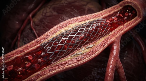 Coronary artery with implanted stent restoring blood flow through an atherosclerotic vessel. Cardiovascular treatment, angioplasty, heart disease, interventional cardiology and vascular healthcare