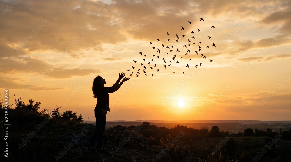 Fototapeta premium Woman silhouette releasing birds into sunset sky