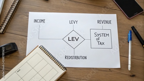 Diagram Explaining Tax System with Concepts of Income, Levy, Redistribution, and Revenue on Wooden Desk Surface