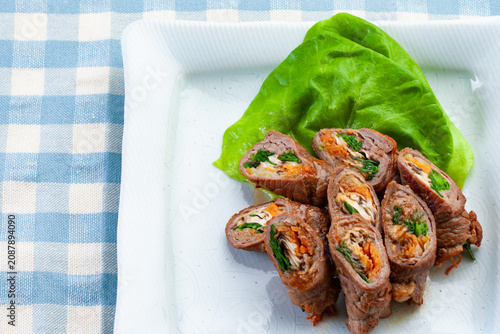Japanese beef vegetable rolls: Savory sliced beef wrapped around carrots, celery, and shiitake.
