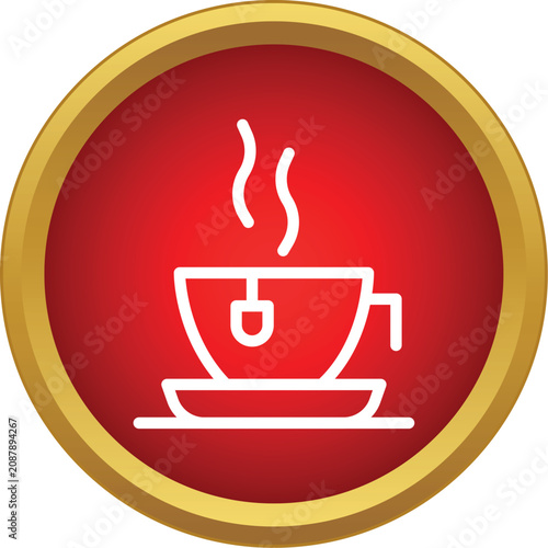 фотографія Hot tea cuppa with steam on a red circular button