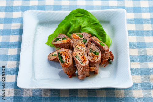 Japanese beef vegetable rolls: Savory sliced beef wrapped around carrots, celery, and shiitake.