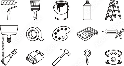 Painting and renovation tools line icons set black and white vector illustration