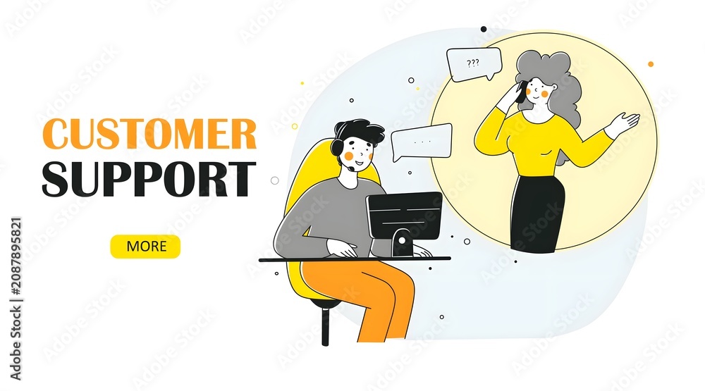 Naklejka premium Customer Support Service Concept with Call Center Agent, Online Help Desk, Technical Support and Client Communication Flat Vector Illustration