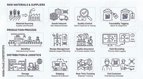 Digital supply chain management icons for material sourcing, production, quality, distribution, and tracking, optimizing business operations