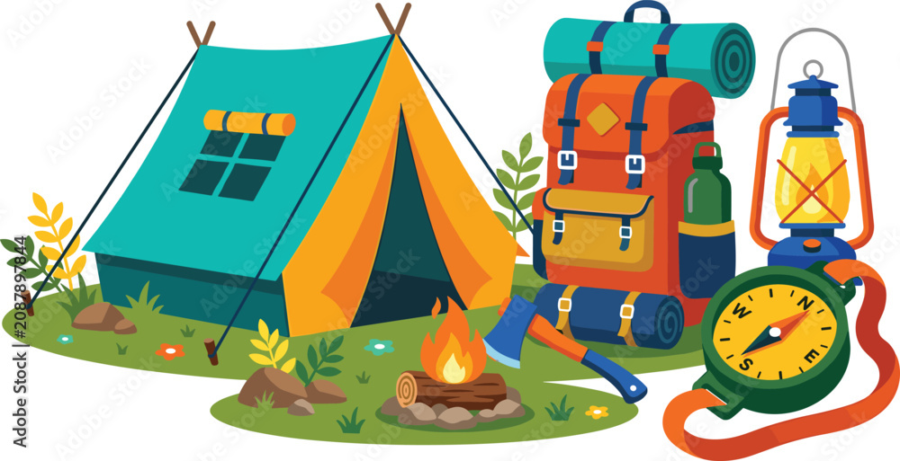 Fototapeta premium Outdoor Camping Equipment Vector Illustration with Tourist Tent, Hiking Backpack, Campfire, Lantern, and Navigation Compass for Adventure Travel and Tourism Designs