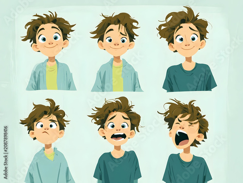 Young boy character demonstrating diverse emotions and facial expressions for animation purposes, showing happiness, sadness, surprise, and yawning with messy brown hair