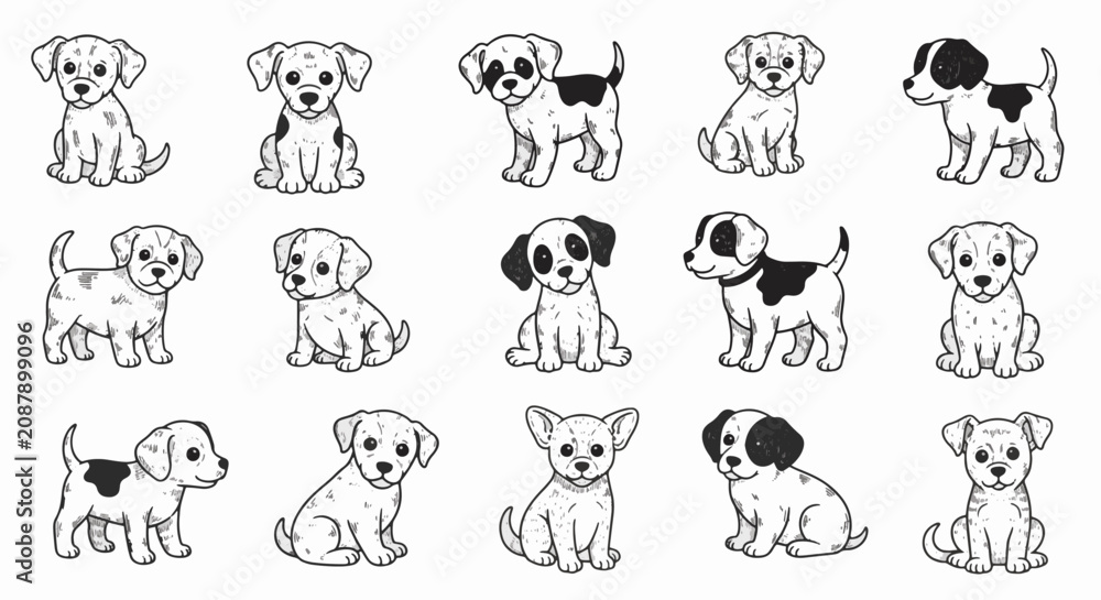 Fototapeta premium Hand-drawn black and white vector-style doodle collection of fifteen various puppy breeds in sitting and standing poses, featuring cute canine sketches with clean outlines and spots.