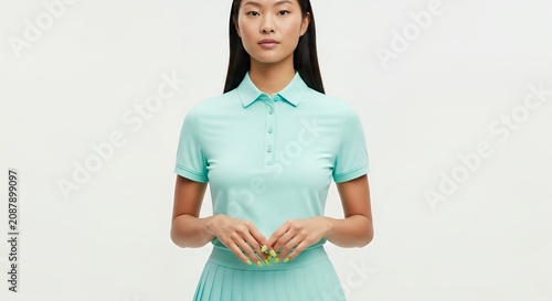 Woman in teal polo shirt and skirt studio shot on a neutral background