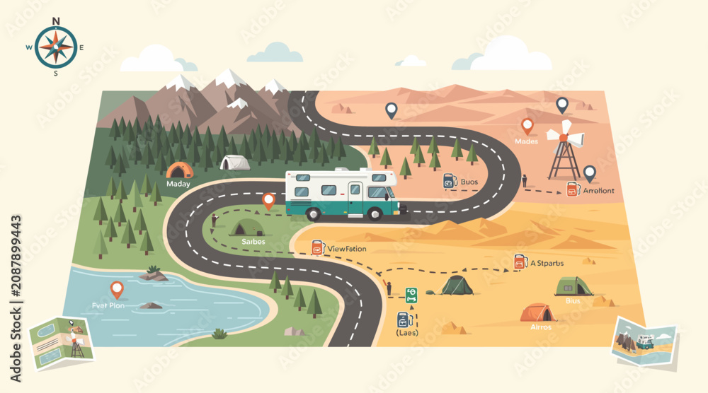 Naklejka premium RV Road Trip Map: Mountains, Desert, Lake, Camping, Adventure