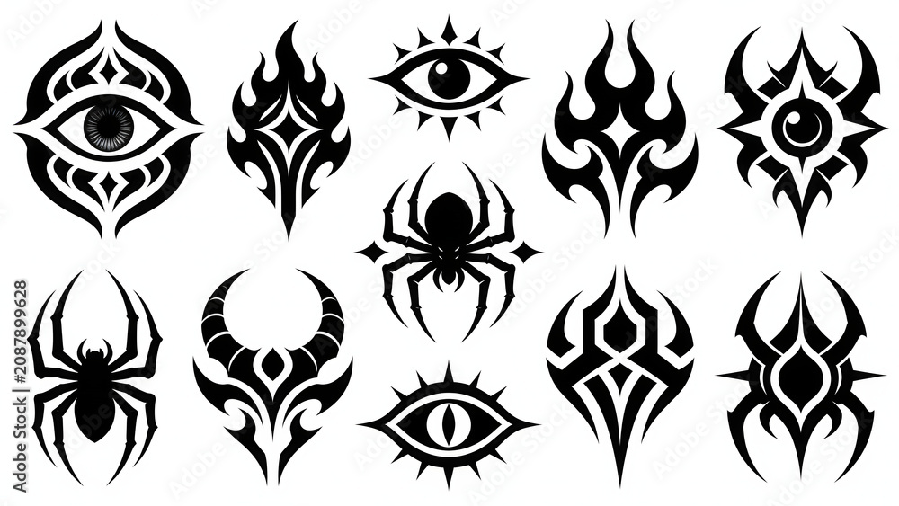 Naklejka premium Original Tribal Symbol Vector Collection Featuring Abstract Fantasy Emblems and Decorative Icon Designs