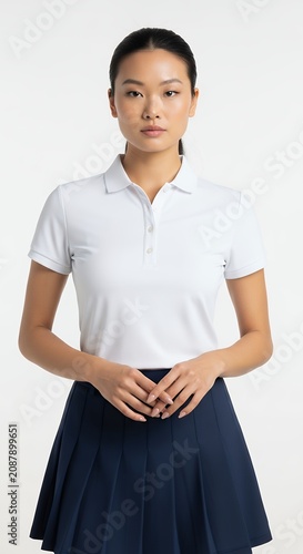 Woman in white polo shirt and blue skirt posing front view studio shot