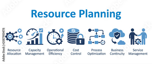 Resource planning business icons set, operational efficiency and capacity management vector