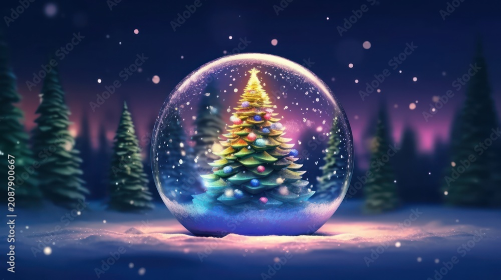 Fototapeta premium Magical Christmas Tree Snow Globe in Snowy Forest at Night.