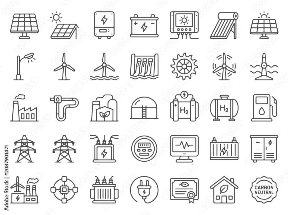 Fototapeta premium Renewable energy and green power technology icons with renewable, sustainable