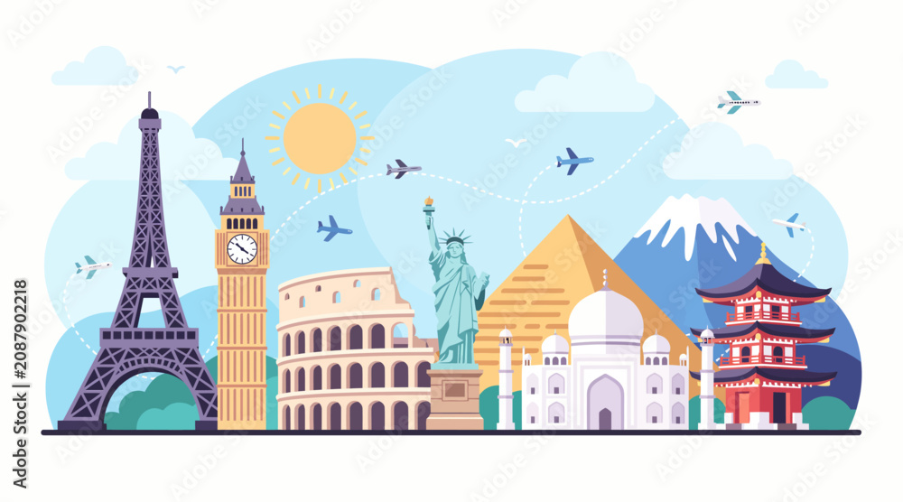 Fototapeta premium World Travel Landmarks Flat Design Vector Art