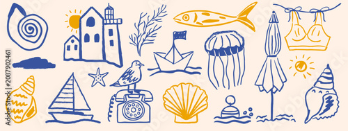 Hand drawn summer set with lighthouse, jellyfish, seagull and swimsuit, umbrella, boat, shell and nautical vector elements