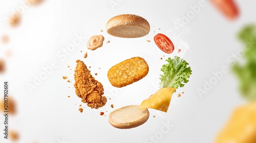 Levitating chicken burger ingredients on white background, flying crispy chicken sandwich components, deconstructed fast food burger with lettuce and cheese