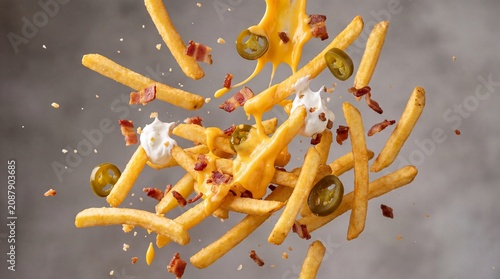 Loaded french fries levitating with melted cheese sauce, crispy bacon bits and jalapenos, flying potato fries with toppings on gray background