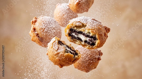 Deep fried chocolate sandwich cookies with powdered sugar, golden fried dough dessert balls in motion, carnival style sweet treats on warm background