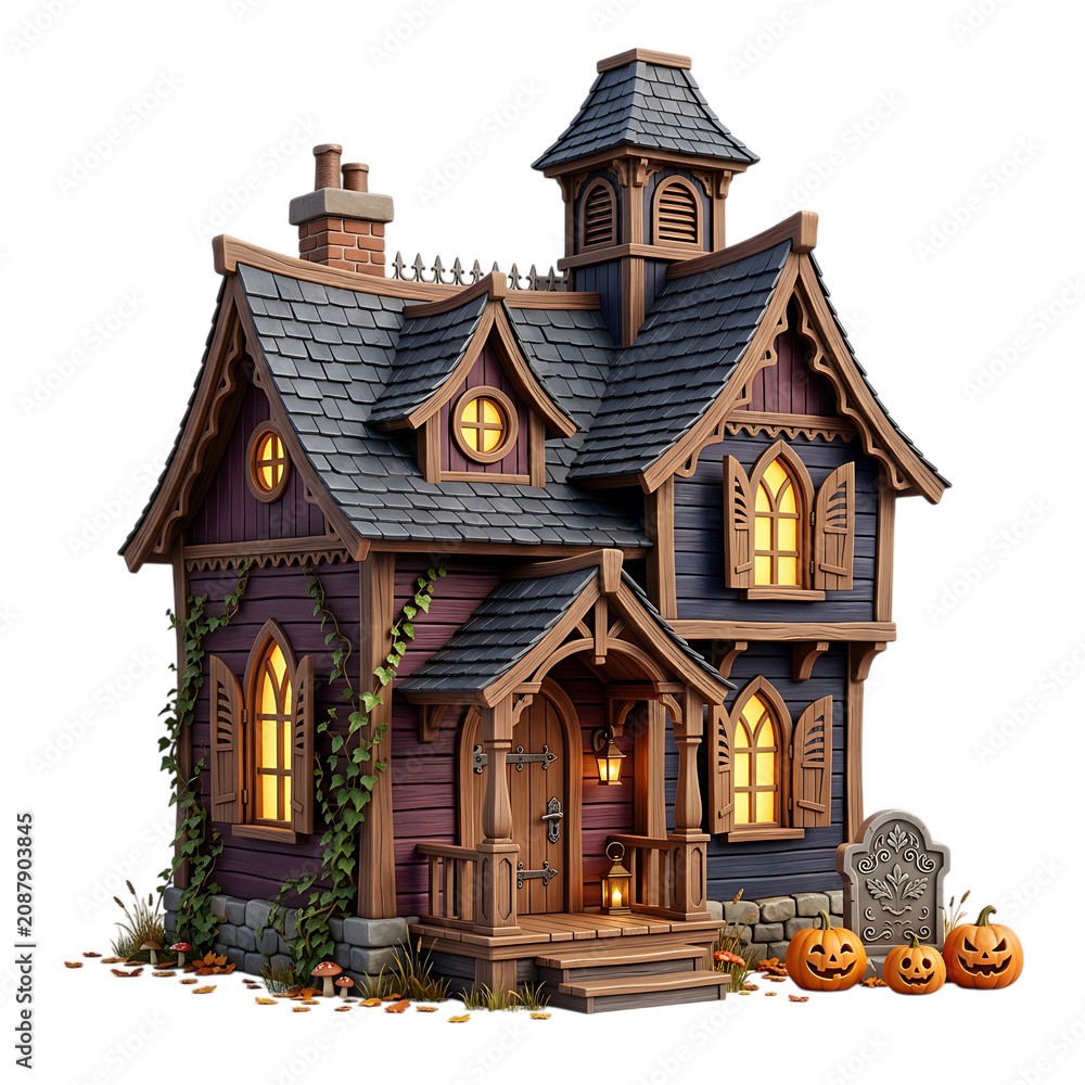 Fototapeta premium A Whimsical Haunted Victorian House Decorated For Halloween With Pumpkins And Gravestones
