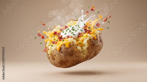 Loaded baked potato with melted cheddar cheese and sour cream splash, levitating hot potato with crispy bacon bits and chives, steaming comfort food
