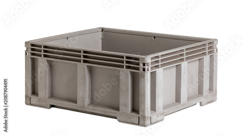 Foto Gray plastic industrial storage container with ventilation slots, isolated on tr