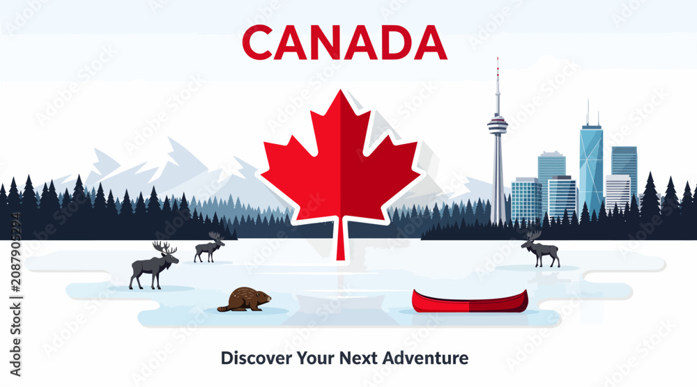 Obraz premium Canada Adventure: Maple Leaf, Wildlife, Cityscape, Canoe, Mountains