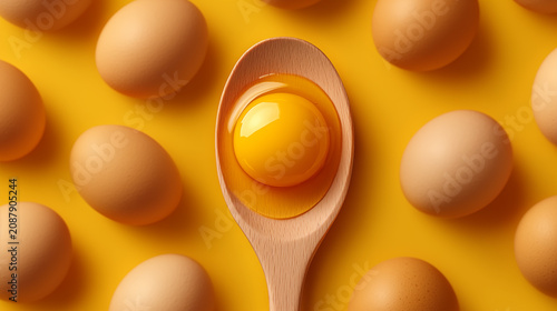 Top view flat lay of fresh brown eggs arranged on a vibrant yellow background with a wooden spoon holding a glossy raw egg yolk in the center, minimal composition, clean food styling