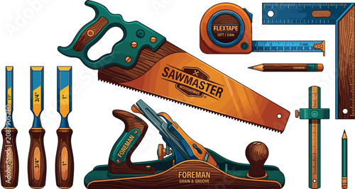 Konstfotografi Professional Hand Tools Vector Set for Woodworking with Sawmaster Hand Saw, Fore