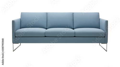 Foto Modern light blue fabric three-seater sofa with sleek metal legs, isolated on tr