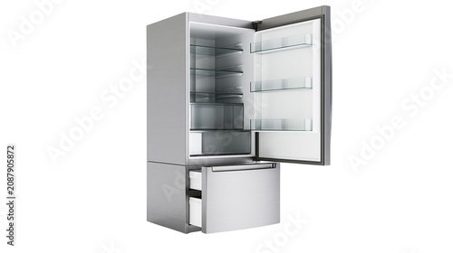 Foto Modern stainless steel refrigerator with open door and drawers, isolated on tran