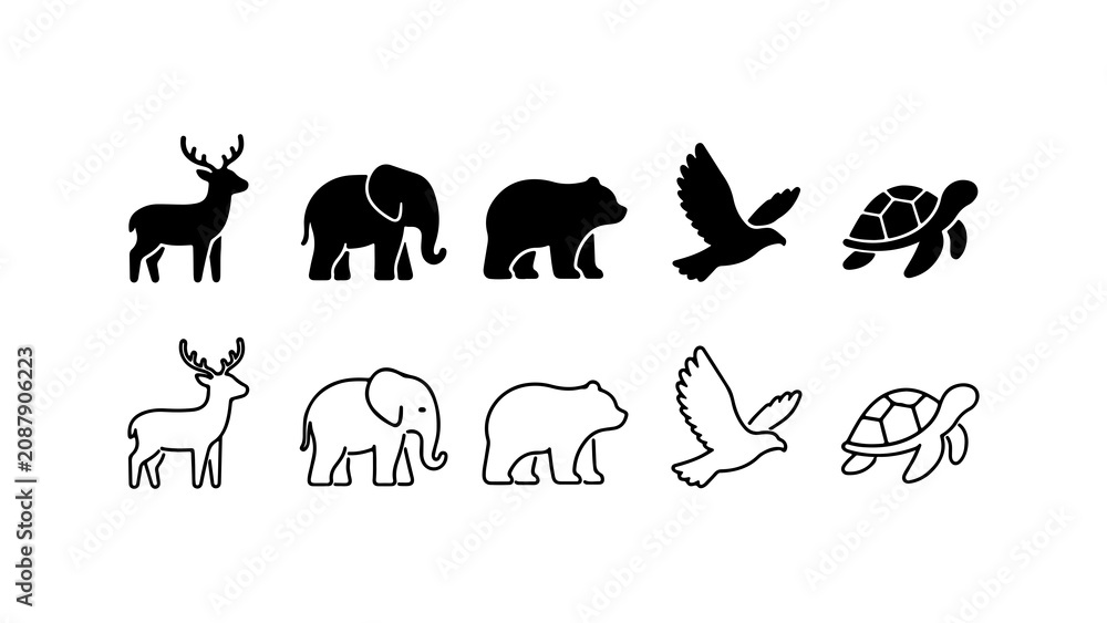 Fototapeta premium Wild Animal Icon Set in Silhouette and Outline Style Vector