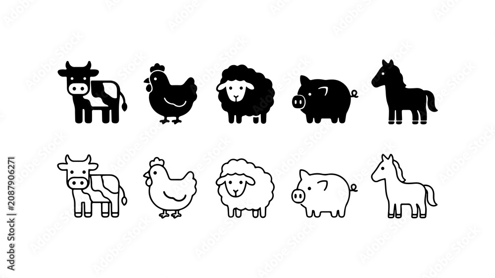 Obraz premium Farm Animal Icon Set in Silhouette and Outline Vector Style