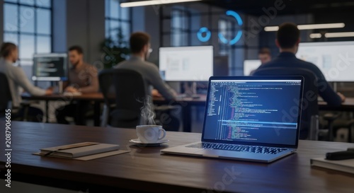 A laptop, coffee cup, and code editor screen with developers coding and programming software, with copy space, glowing screen lighting, and a modern tech workspace background.