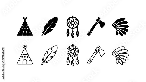 Bild auf Leinwand Native American Cultural Icons in Silhouette and Outline Style Vector Set