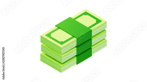 Stack of green paper money bills bound with a green band, isolated on transparent background