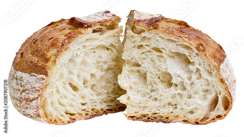 Obraz na plátně Crusty artisan sourdough bread loaf sliced in half showing airy crumb, isolated
