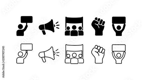 Protest and Demonstration Icons in Silhouette and Outline Style Set