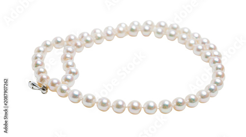 Fotografie Delicate strand of lustrous white pearls with a silver clasp, isolated on transp