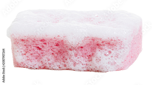 Fotografie Pink sponge covered in white foam, isolated on transparent background
