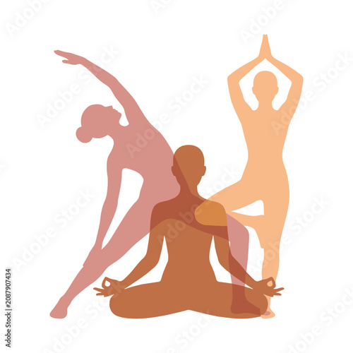 Overlapping translucent silhouettes of women doing relaxing yoga poses vector illustration