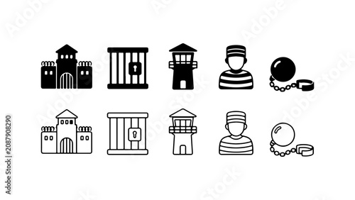 Obraz na płótnie Prison and Criminal Justice Icon Set in Silhouette and Outline Style