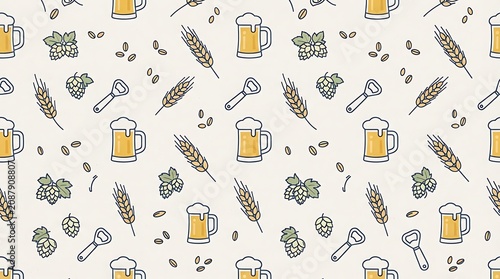 Hand drawn beer pattern with hops and golden wheat stalks