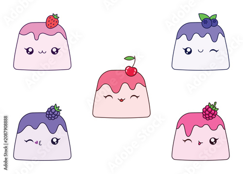 Cute Kawaii Berry Pudding Clipart Set, Adorable Dessert Collection with Strawberry, Cherry, Blueberry, Blackberry, and Raspberry