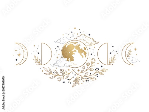 Golden moon phases illustration with delicate floral branches and stars