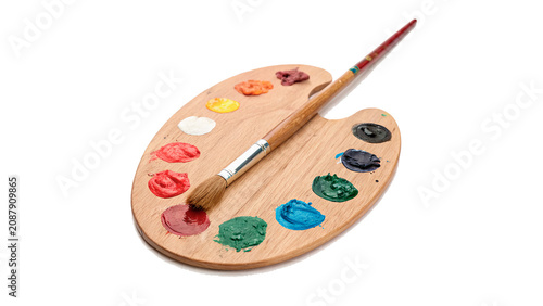 Fotografie Wooden art palette with colorful paints and paintbrush isolated on transparent b