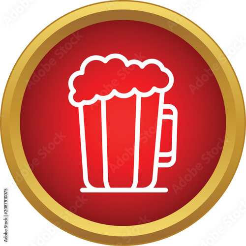 Beer mug filled with foam on a red and gold circular background
