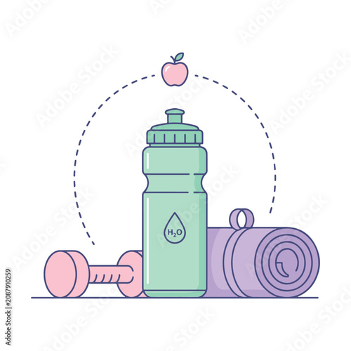 Fitness lifestyle concept with water bottle dumbbell and yoga mat vector illustration